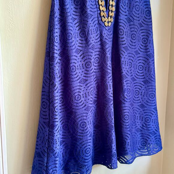 Lilly Pulitzer Achelle Dress In True Blue Mystical Knotty Lace Brass Sea Shells - Picture 3 of 9